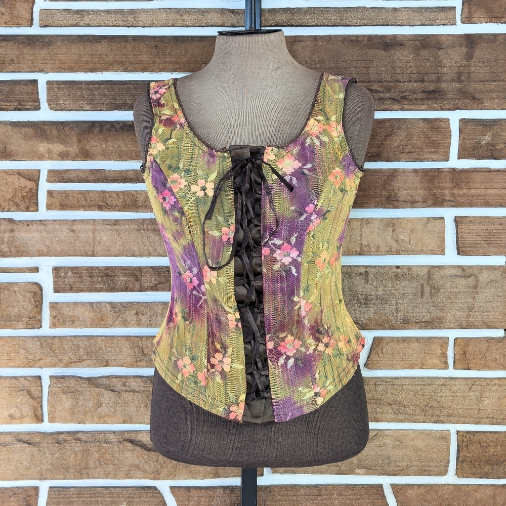 Vintage 1990s Floral Mesh, Lace-up Corset Crop Top, Tank